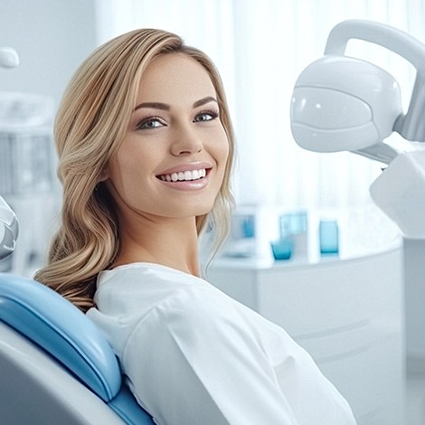 Blonde woman with bright smile in dental chair