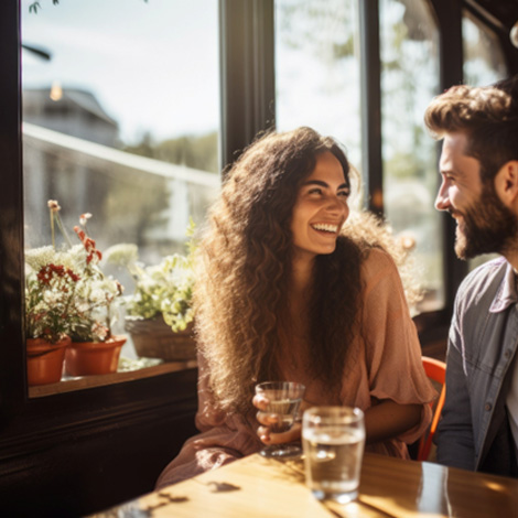 Woman and man smiling in a small cafe 